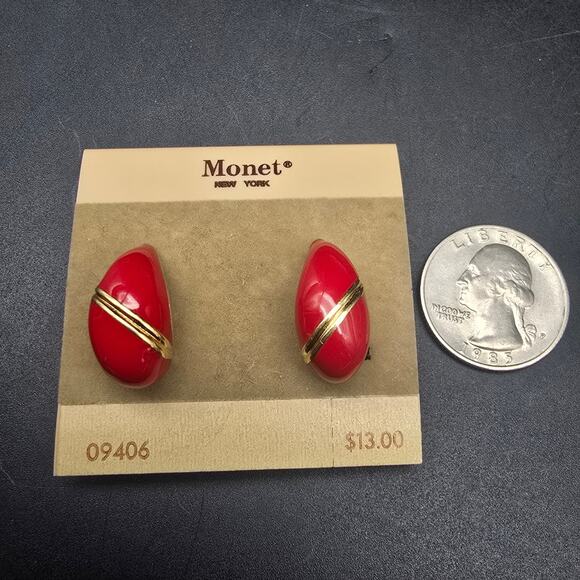 Monet Red Enamel Half Hoop Clip On Earrings On Card NOS Vintage - Picture 6 of 6